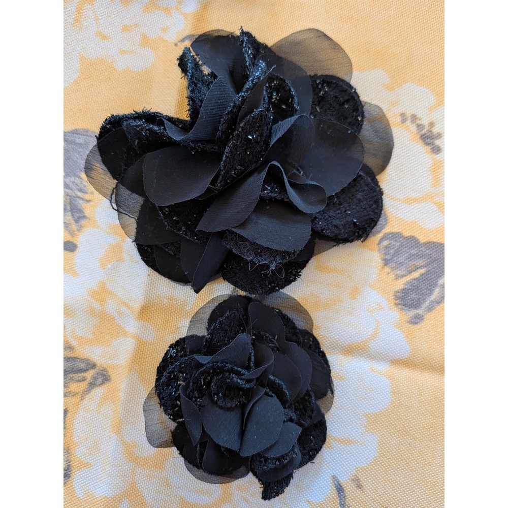 Black Chiffon & Metallic Tweed Flower Brooch Set Parisian Chic Floral Pins